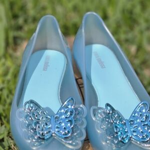 Mini Melissa Blue Jelly Flats with Decorative Butterfly
